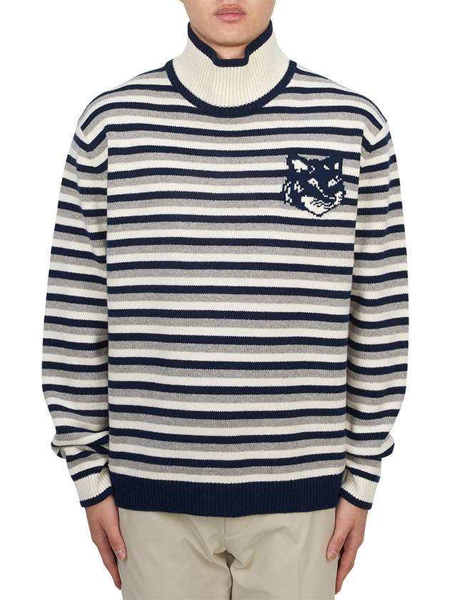 Fox Head Intarsia Striped High Neck Comfort Knit Top White Navy - MAISON KITSUNE - BALAAN 2