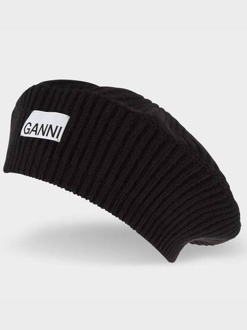 Logo Wool Beret Black Women s - GANNI - BALAAN 1