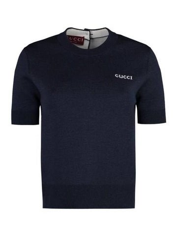 Gucci Intarsia Wool Short Sleeve T-Shirt Dark Blue - GUCCI - BALAAN 1