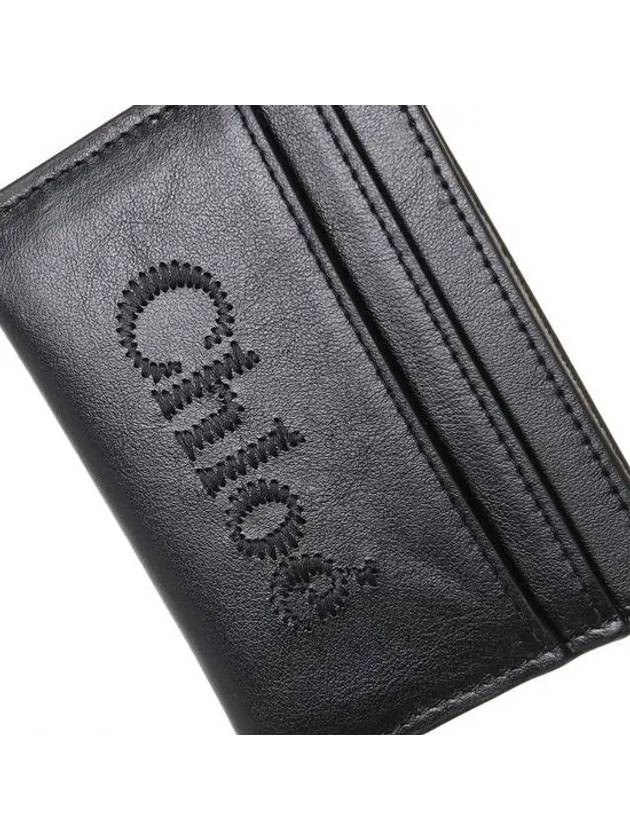 Sense Embroidered Logo Calfskin Card Holder Black - CHLOE - BALAAN.