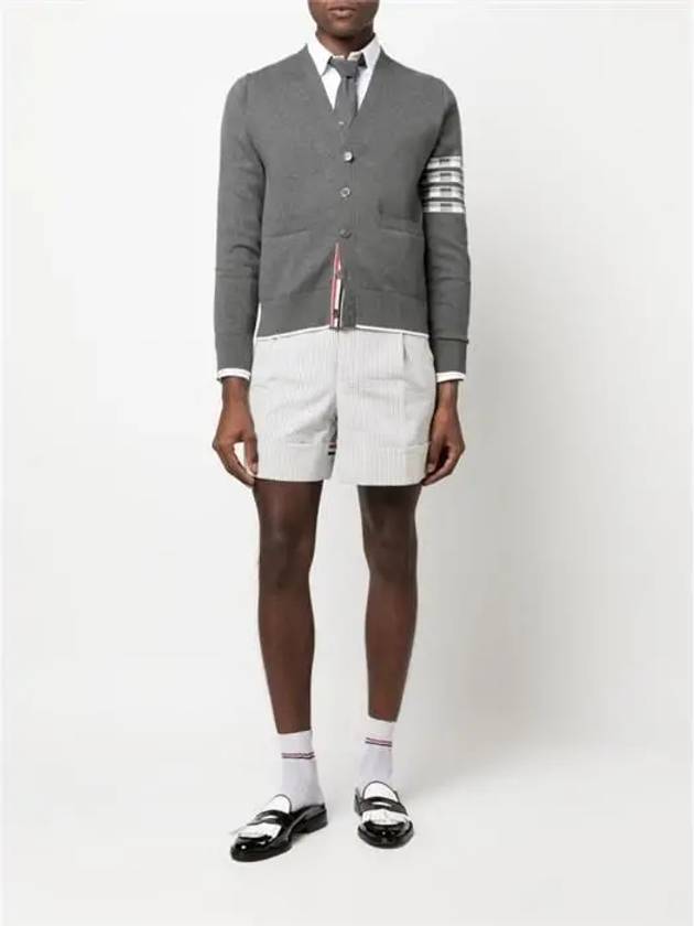 4-Bar V-Neck Hector Jacquard Cotton Cardigan Grey - THOM BROWNE - BALAAN 5