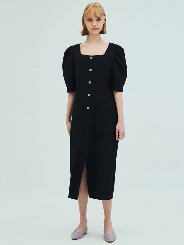 Linen Square Neck Flower Button DressBlack - OPENING SUNSHINE - BALAAN 5