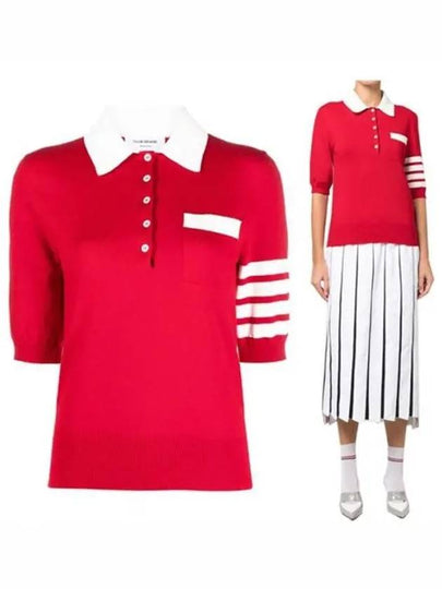 Cotton Hector Pointelle 4-Bar Polo Shirt Red - THOM BROWNE - BALAAN 2