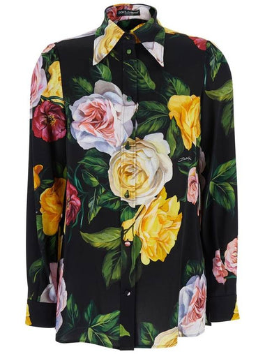 Multicolor Shirt With Oversize Pointed Collar And All-Over Floral Motif In Silk Stretch Woman - DOLCE&GABBANA - BALAAN 1