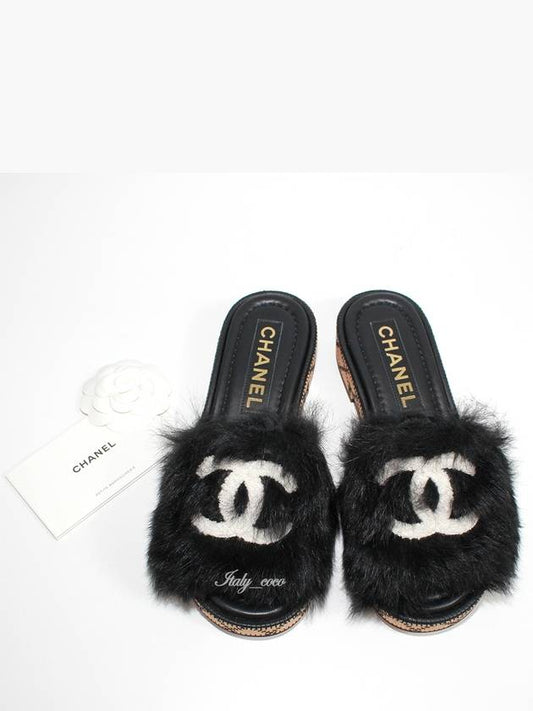 CC Logo Fur Shearling Mule Slippers Black G39357 - CHANEL - BALAAN 2