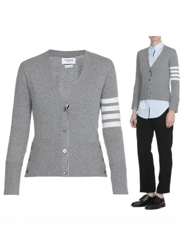 4-Bar V-Neck Cashmere Cardigan Light Grey - THOM BROWNE - BALAAN 2