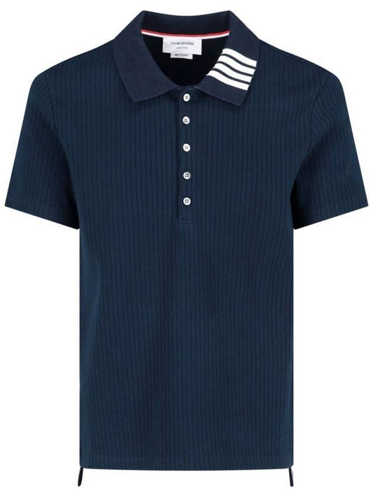 Men's Cotton Rib Knit Short Sleeve Polo Shirt Navy - THOM BROWNE - BALAAN 1