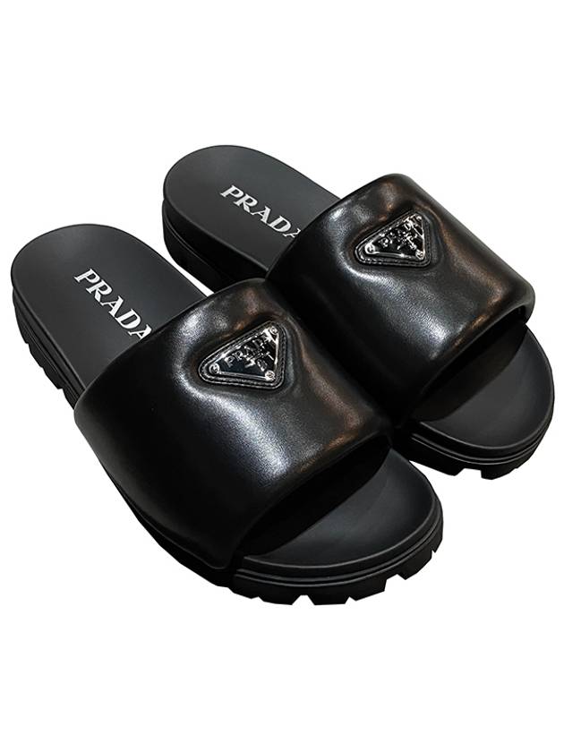 Logo Padded Leather Slippers Black - PRADA - BALAAN 2