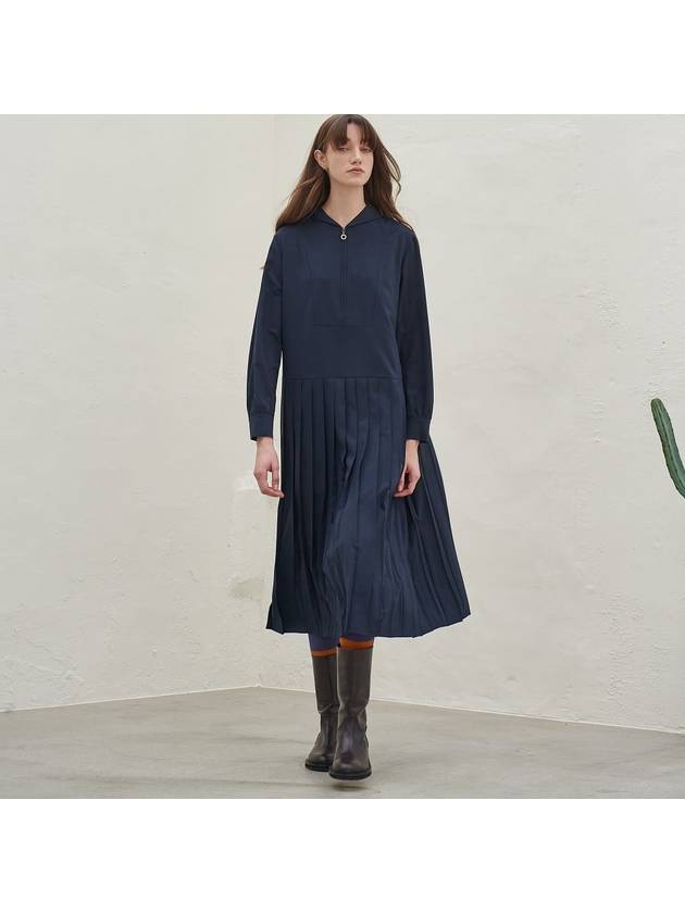 Women's Hooded Pleated Long Dress Navy - MITTE - BALAAN 6