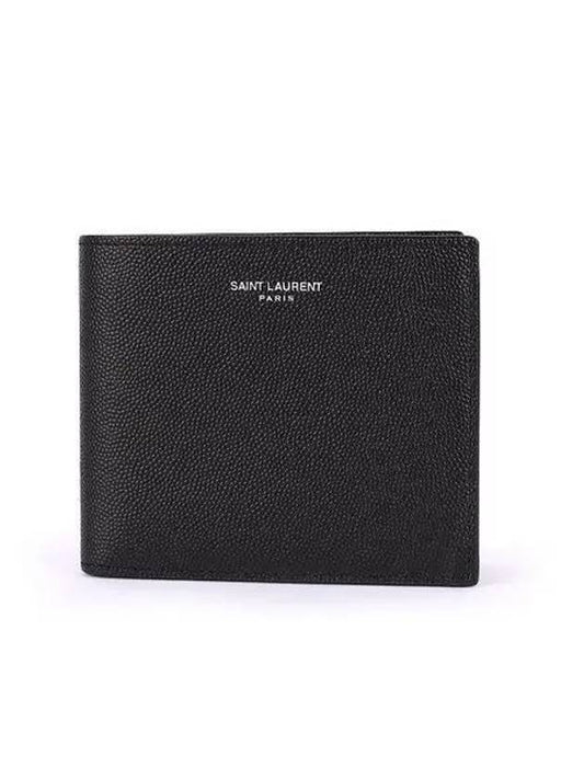 Classic Logo Textured Leather Half Wallet Black - SAINT LAURENT - BALAAN 2