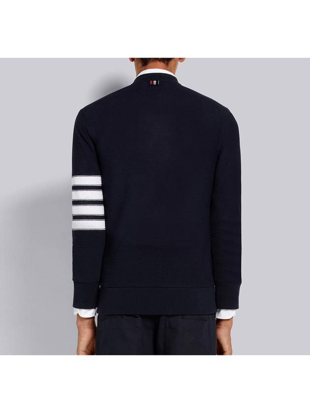 4 Bar Open Raschel Stitch V Neck Cardigan Navy - THOM BROWNE - BALAAN 4