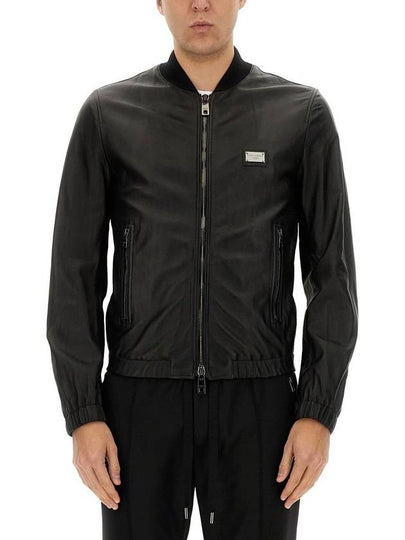 Men's Brand Tag Leather Jacket Black - DOLCE&GABBANA - BALAAN 2