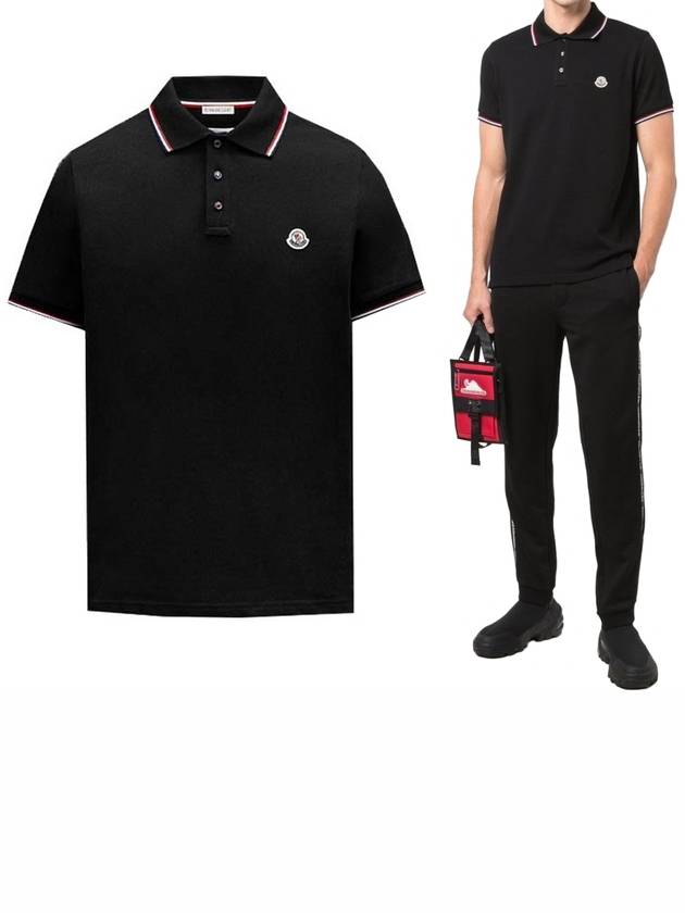 Stripe Trimming Logo Short Sleeve Polo Shirt Black - MONCLER - BALAAN 2