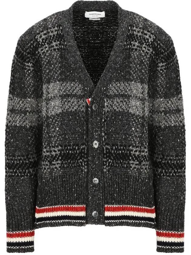 Donegal Tartan Stripe V-Neck Cardigan Grey - THOM BROWNE - BALAAN 3