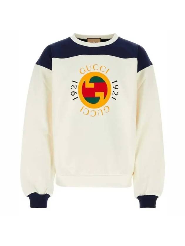 1921 Logo Print Cotton Jersey Sweatshirt Ivory Blue - GUCCI - BALAAN 1