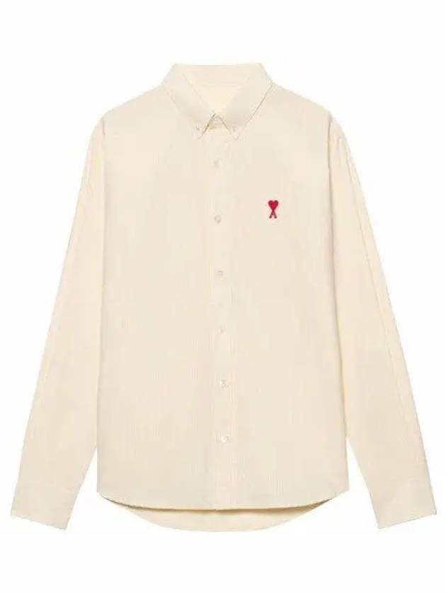 Heart Embroidered Logo Striped Long Sleeve Shirt Pale Yellow - AMI - BALAAN 2