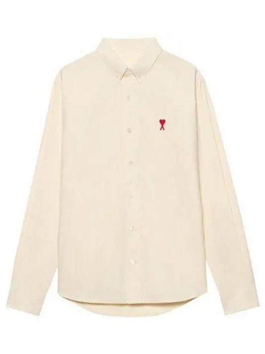 Heart Logo Embroidered Striped Long Sleeve Shirt Pale Yellow - AMI - 2