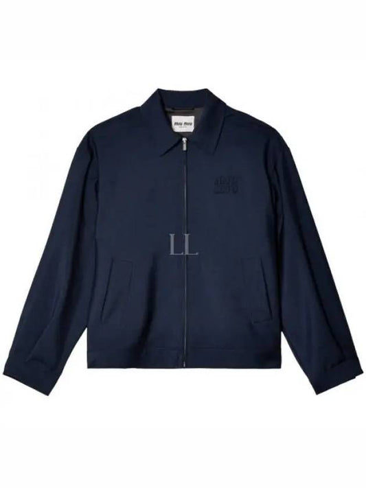 Mohair Embroidered Logo Wool Zip-up Jacket Navy - MIU MIU - BALAAN 2