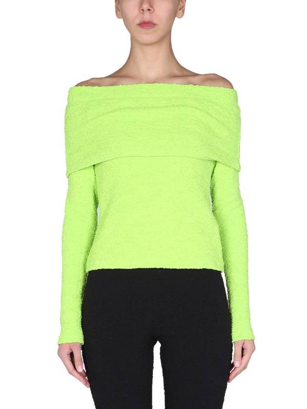 Women's Embossed Fabric Boat Neck Off Shoulder Long Sleeve T-Shirt Green - MSGM - BALAAN 2