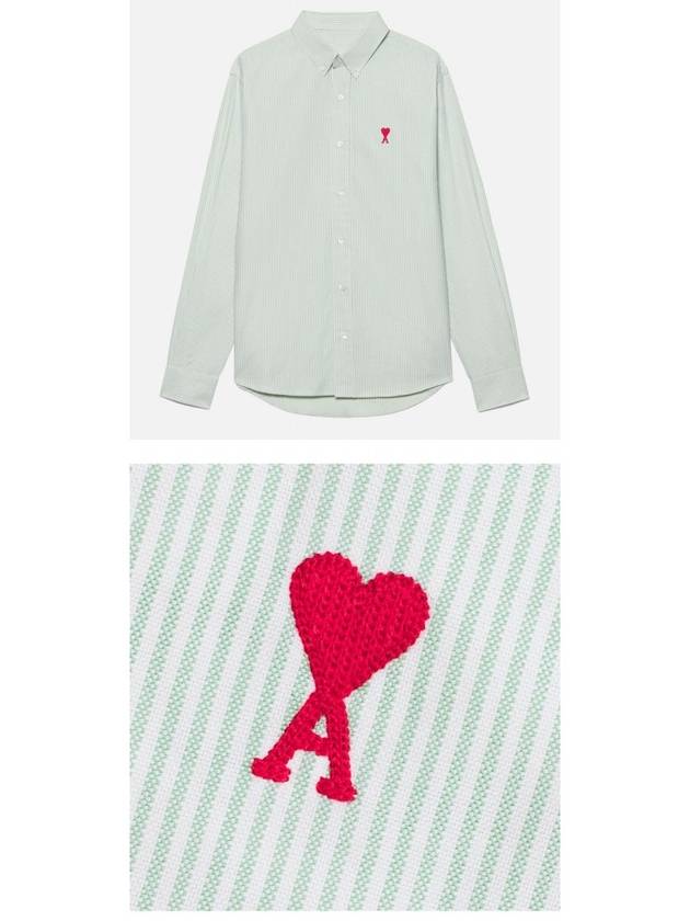 Heart Embroidered Logo Striped Long Sleeve Shirt Green - AMI - BALAAN 5