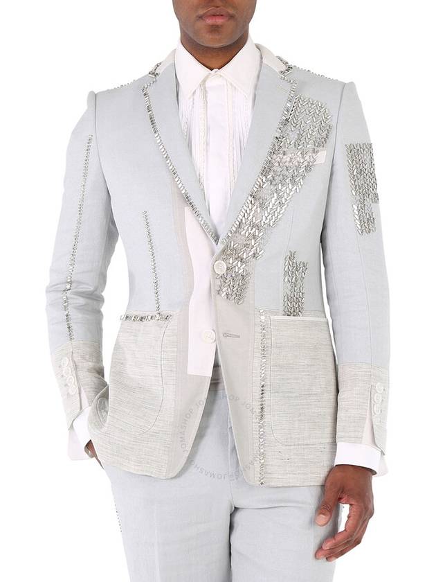 Burberry Men's Grey Melange Techincal Linen Blazer with Crystal Embroidery, Brand Size 48 (US Size 38) - BURBERRY - BALAAN 1