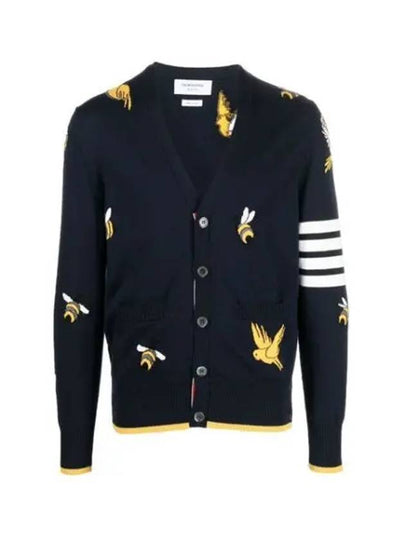 Men's Merino Bird Bee 4 Bar V-Neck Merino Cotton Cardigan Navy - THOM BROWNE - BALAAN 2