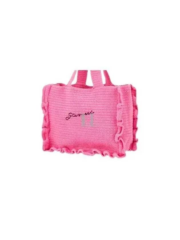 Women's Crochet Ruffle Embroidered Logo Cotton Tote Bag Shocking Pink - GANNI - BALAAN 2