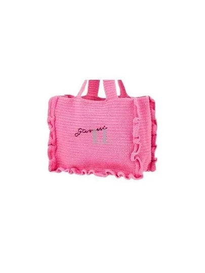 Women's Crochet Ruffle Embroidered Logo Cotton Tote Bag Shocking Pink - GANNI - BALAAN 2