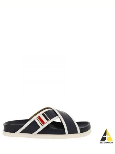 Vitello Calfskin Leather Enamel Buckle Criss Cross Sandal Navy - THOM BROWNE - BALAAN 2