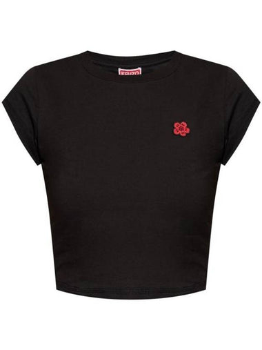 Women's Boke Flower Embroidery Crop Short Sleeve T-Shirt Black - KENZO - BALAAN 1