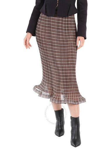 Burberry Ladies Mahogany Check Plisse Ruffle Detail Skirt, Brand Size 8 (US Size 6) - BURBERRY - BALAAN 1