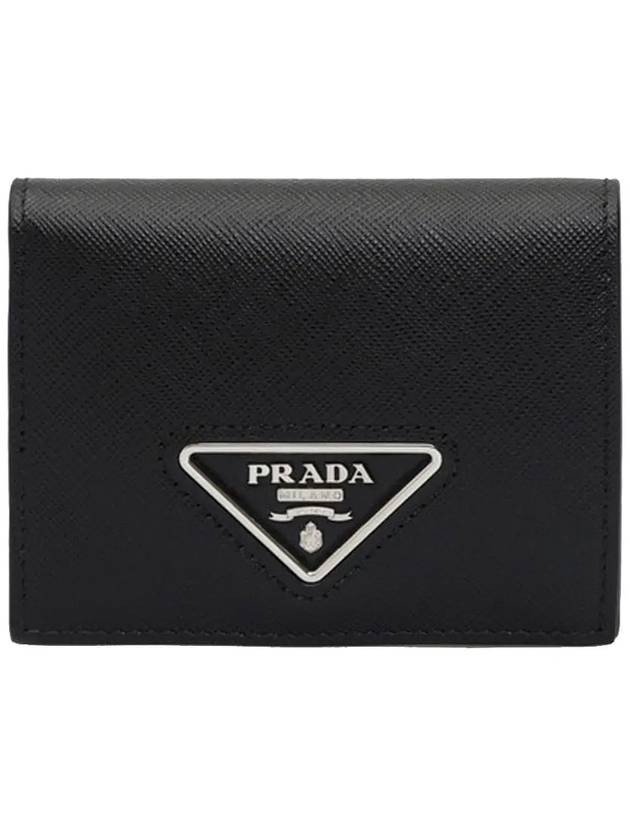 Triangle Logo Saffiano Leather Half Wallet Black - PRADA - BALAAN 3