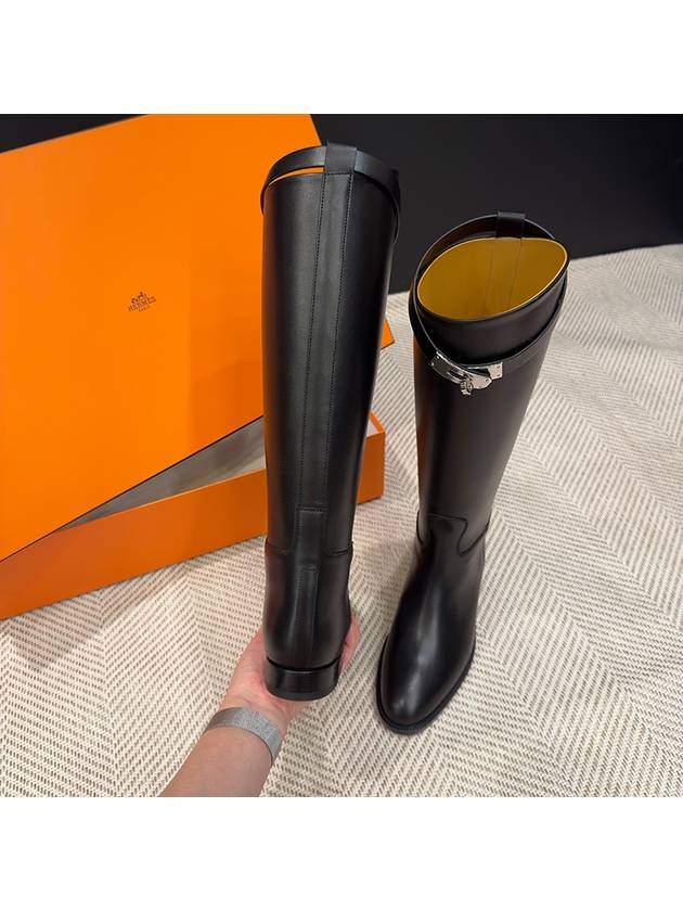 Long boots calfskin Kelly buckle silver plated black - HERMES - BALAAN 6