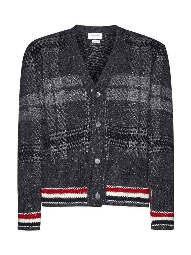 Donegal Tartan Stripe V-Neck Cardigan Grey - THOM BROWNE - BALAAN 1