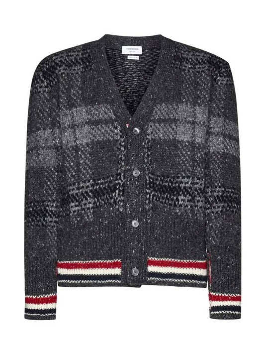 Donegal Tartan Stripe V-Neck Cardigan Grey - THOM BROWNE - BALAAN 1