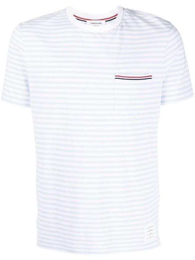 Striped Jersey Pocket Short Sleeve T-Shirt Light Blue White - THOM BROWNE - BALAAN 1