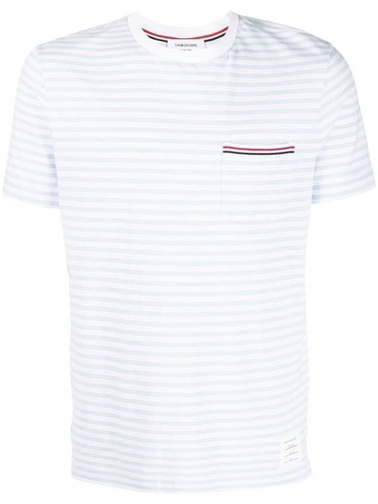 Striped Jersey Pocket Short Sleeve T-Shirt Light Blue White - THOM BROWNE - BALAAN 1