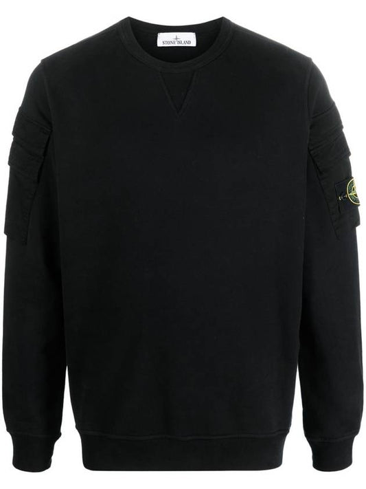 Garment Dyed Double Pocket Brushed Cotton Fleece Sweatshirt Black - STONE ISLAND - BALAAN 1
