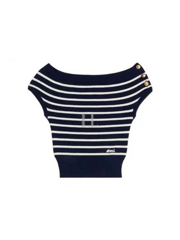 Off Shoulder Striped Knit Top Navy - AMI - BALAAN 2