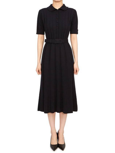 Wide Ribbed Wool Midi Dress Navy - THOM BROWNE - BALAAN 1