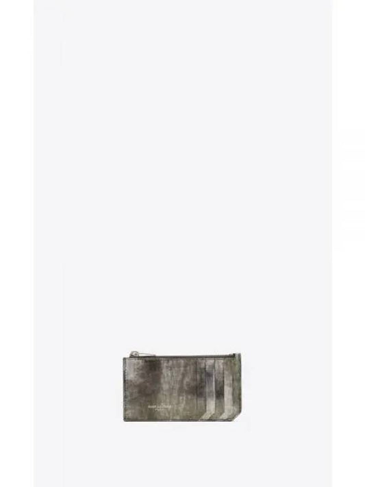 Paris Fragment Embossed Logo Leather Card Wallet Grey - SAINT LAURENT - BALAAN 2