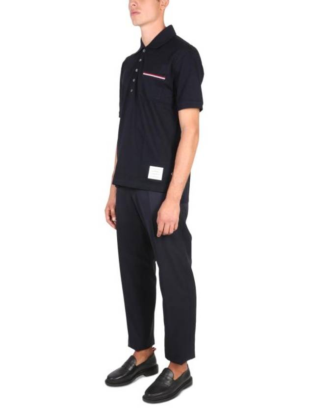 Men's Three Stripes Pocket Mercerized Short Sleeve Polo Shirt Navy - THOM BROWNE - BALAAN 3