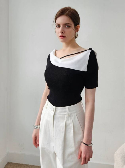 String point feminine collar knit top string point collar Knit top - PRETONE - BALAAN 1