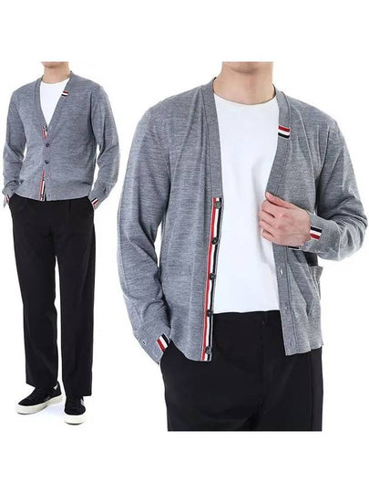 Men's Jersey Stitch V-Neck Cardigan Light Grey - THOM BROWNE - BALAAN 2