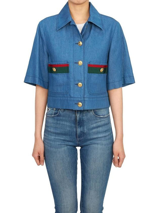 Women's Denim Web Detail Short Sleeve Shirt Blue - GUCCI - BALAAN 2