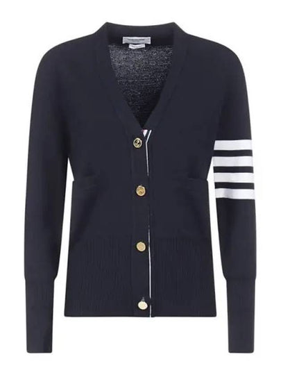 Milano Stitch 4 Bar Classic V Neck Fine Merino Wool Cardigan Navy - THOM BROWNE - BALAAN 2