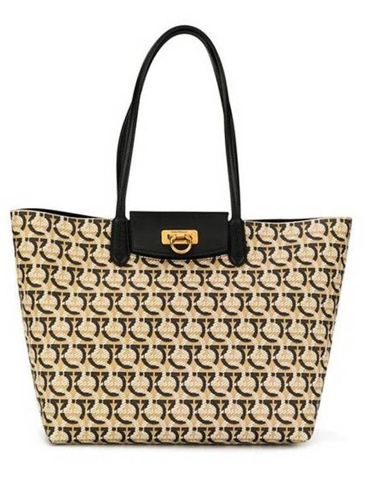 Gancini Monogram Small Tote Bag Sand Black - SALVATORE FERRAGAMO - BALAAN.