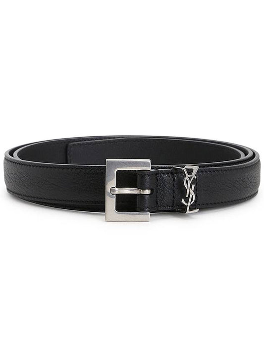 Men's Monogram Silver Buckle Leather Belt Black - SAINT LAURENT - BALAAN 2