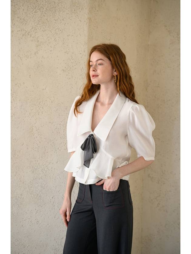 V neck peplum ribbon blouse white - CAHIERS - BALAAN 7