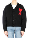 Intarsia Big Heart Logo Oversized Virgin Wool Cardigan Black - AMI - BALAAN 2